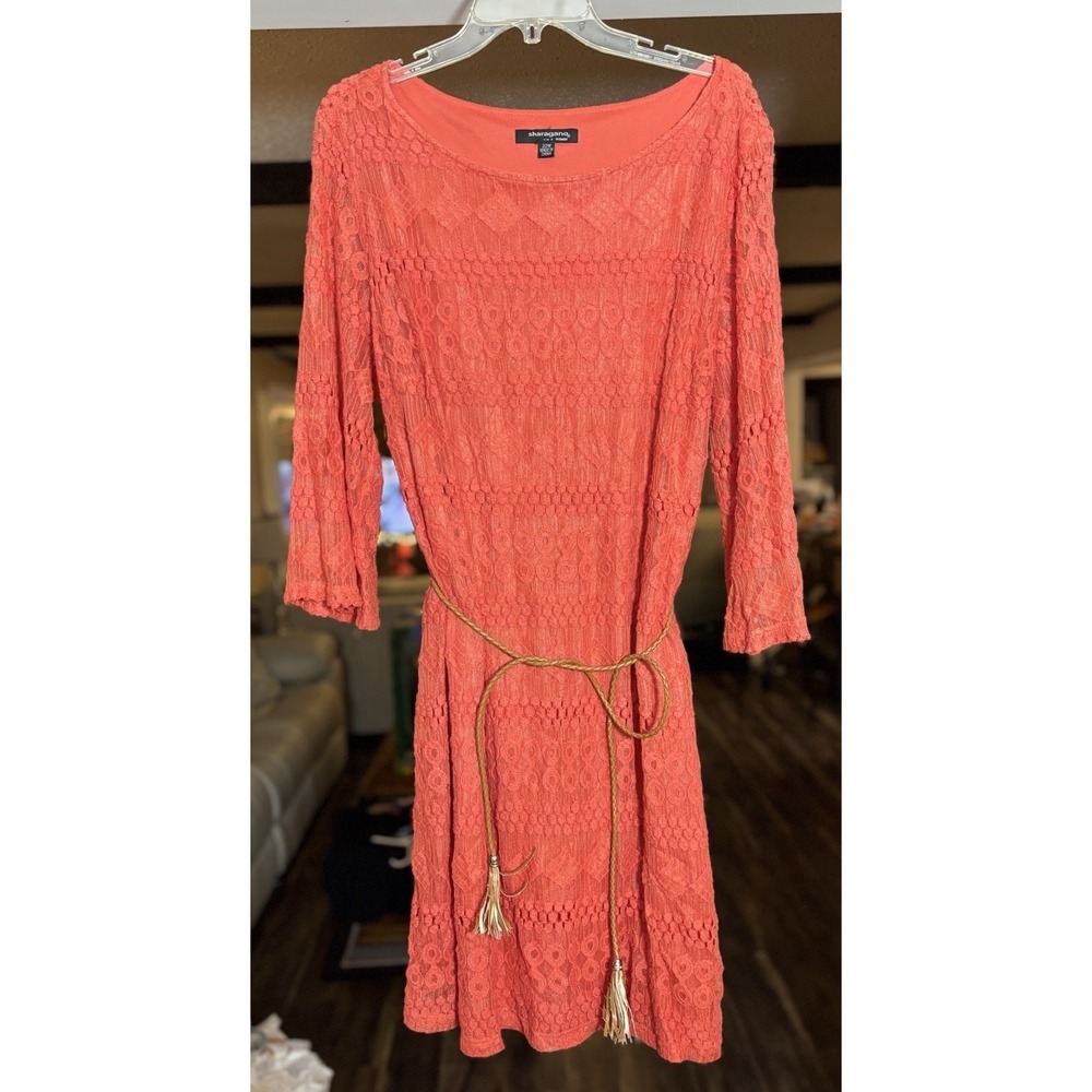 Sharagano Red Lace Knit Dress Womens 22W 3/4 Sleeve Tie Belt Stretch